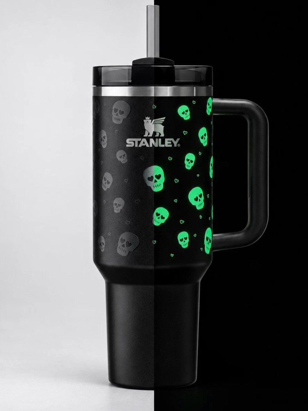 Stanley Black Travel Tumbler with Glow Green Skull Pattern 30oz new